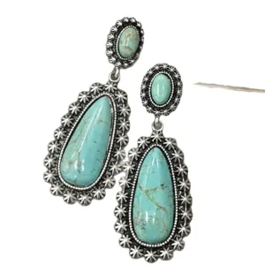 Vintage silver turquoise dangle earrings bohemian teardrop gemstone drop earrings