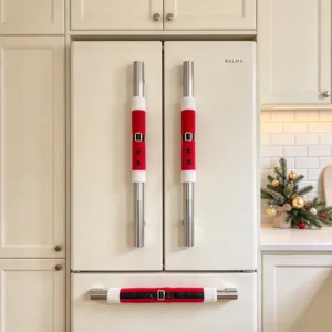 Christmas refrigerator door handle covers set, red plush holiday decor for kitchen appliance.
