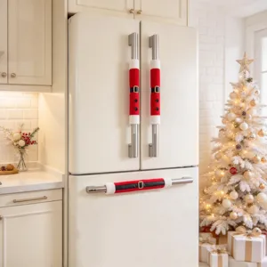 Christmas refrigerator handle cover detail showing the cute Santa design with belt.