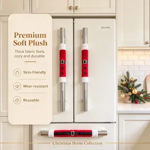 Detailed view of Christmas appliance handle covers featuring soft plush and festive Santa design.