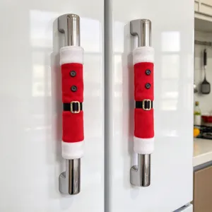 Christmas refrigerator door handle cover set, cute Santa kitchen appliance decor.
