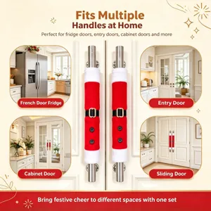 Christmas handle covers set for home appliances, festive red and white velvet door decorations.