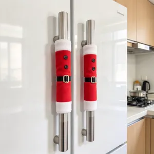 Christmas refrigerator handle covers, Santa Claus design with plush trim and belt.