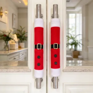 Christmas door handle cover set, red and white plush santa decor for festive home appliances.