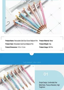 Glitter metal ballpoint pen with clover charm, stylish press-type pen for office or gift use.