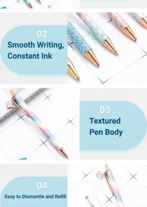 Glitter diamond metal ballpoint pen detail view showing sparkling finish and clover charm.