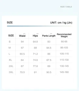 Detailed size chart guide for high waist yoga pants, showing accurate measurements and weight.