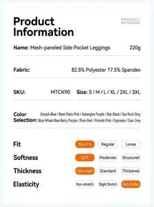 Detailed product specifications chart showing sizing, fabric, and attributes for high-waist yoga pants.