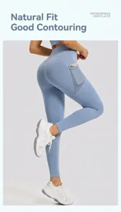 High waist yoga leggings with side mesh pocket, stretch fitness workout pants for running.