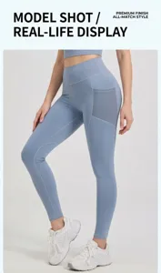 Detail view of high waist yoga pants featuring breathable mesh side pockets and stretch fit.
