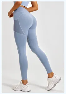 High waist butt lifting yoga pants detail, mesh side pocket stretch gym workout leggings.