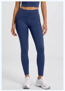 High-waist yoga pants with side mesh pockets, stretchy athletic gym leggings for women.