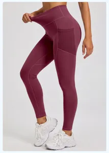 High-waisted yoga leggings with side mesh pockets, elastic stretch fit for gym running fitness workout.