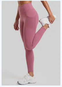High waist yoga pants with side pockets and mesh panels, stretchy fitness leggings for gym.