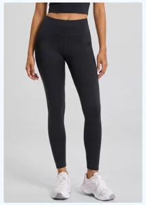 High waist side pocket stretch yoga leggings detail, breathable mesh sports running fitness pants.