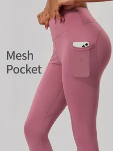 Women High Waist Butt Lifting Yoga Leggings With Mesh Side Pockets Stretchy Workout Athletic Running Tummy Control Bottom