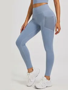 High waist yoga leggings with mesh pockets, stretchy athletic workout running pants for women.