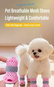 Detailed view of breathable pink mesh pet shoes with adjustable grey strap for small dogs and cats.