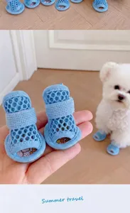 Blue breathable mesh pet shoes for small dogs and cats anti-slip summer puppy booties