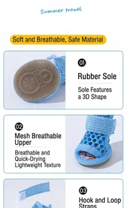 Pet dog mesh shoes detail view showing breathable upper, anti-slip rubber sole, and velcro strap.