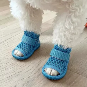 Blue mesh pet sandals for dogs, breathable summer anti-slip puppy shoes for small dogs.