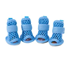 Cute breathable blue mesh dog shoes with adjustable velcro straps for small pets main view
