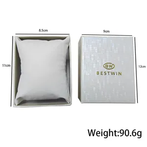 Detailed view of white rectangular watch gift box with pillow and dimension specifications.