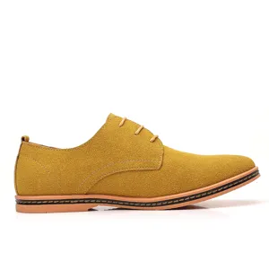 Men suede casual dress shoes detail close-up, premium yellow lace-up footwear for daily wear.