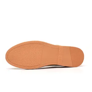 Close-up detail view of the brown anti-slip rubber shoe sole for men casual dress shoes.