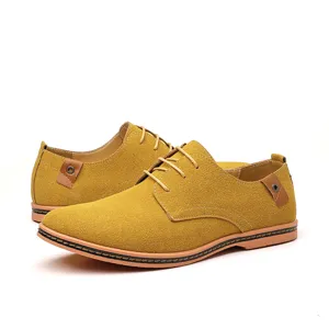 Detail shot of yellow suede casual shoes texture and lace-up design, premium footwear.