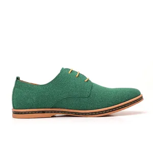 Men's green suede casual lace-up shoes, stylish flat comfortable footwear for spring wear.