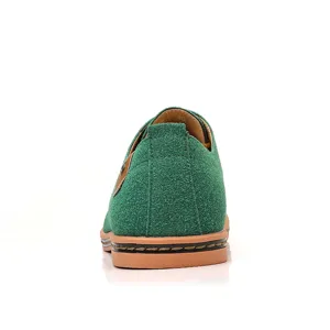 Men's green suede casual leather shoes detail rear view showing sole and heel design.