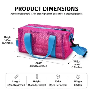 Pink mesh beach bag size chart, length 32cm, height 14.5cm, width 14.5cm, weight 0.12kg.