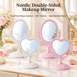 Nordic vintage double-sided makeup mirror, 360-degree rotation desktop vanity mirror.