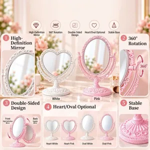 Retro vintage desktop makeup mirror double-sided rotating vanity mirror for bedroom dorm desk.