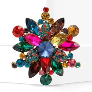 Close-up detail of a colorful crystal rhinestone flower brooch, sparkling alloy fashion jewelry pin.