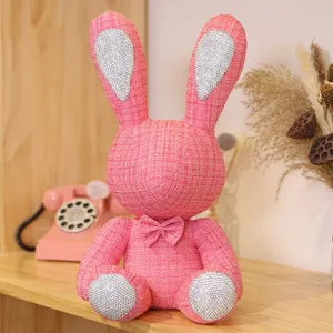 Chic Tweed Rhinestone Rabbit Plush Toy Cute Stuffed Animal Bunny Doll Car Decor Bag Pendant Gift