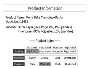 Men's 2-in-1 shorts fabric material specification and performance index details chart.