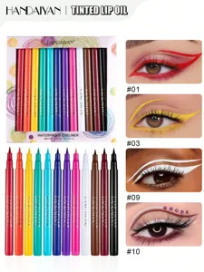 Detailed view of colorful waterproof liquid eyeliner pen set with vibrant eye makeup swatches.