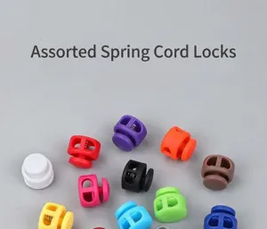 Colorful plastic spring cord locks, dual-hole toggle stoppers for garments, shoelaces, and bags.