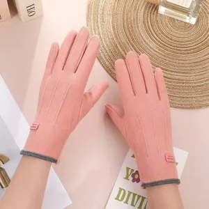 Women winter warm touch screen knit gloves in pink color with thick fleece lining for outdoor riding.