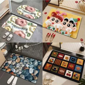 Tapis de bain antidérapant absorbant avec motifs floraux et en pierre imprimés en 3D.