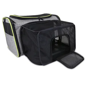 Expandable pet carrier bag with breathable mesh design, foldable and portable for cats and dogs.
