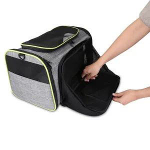 Expandable breathable pet carrier bag detail view, large capacity foldable cat travel bag.
