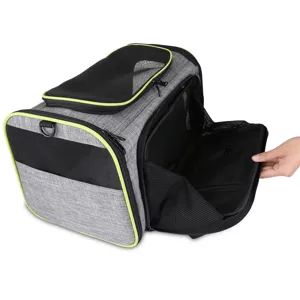 Expandable pet carrier bag detail view showing breathable mesh and side zipper folding design.