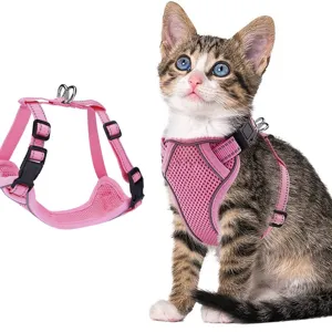 Harnais et laisse pour chat en filet rose respirant, gilet souple anti-evasion.