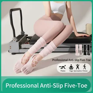 Women pilates grip socks non-slip five finger yoga socks long tube for fitness workout.