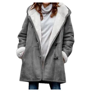 Women winter solid color casual hooded warm mid-length duffel coat with fleece lining.