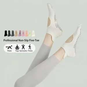 Professional non-slip five-toe yoga socks for women, breathable open back design with grip dots.