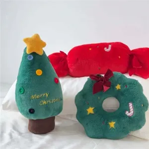 Christmas decorative plush pillow set featuring tree, candy and wreath for home decor.